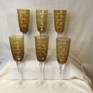 VTG Bohemian Crystal Cut to Clear Amber Champagne / Wine Flute. Set of 6.